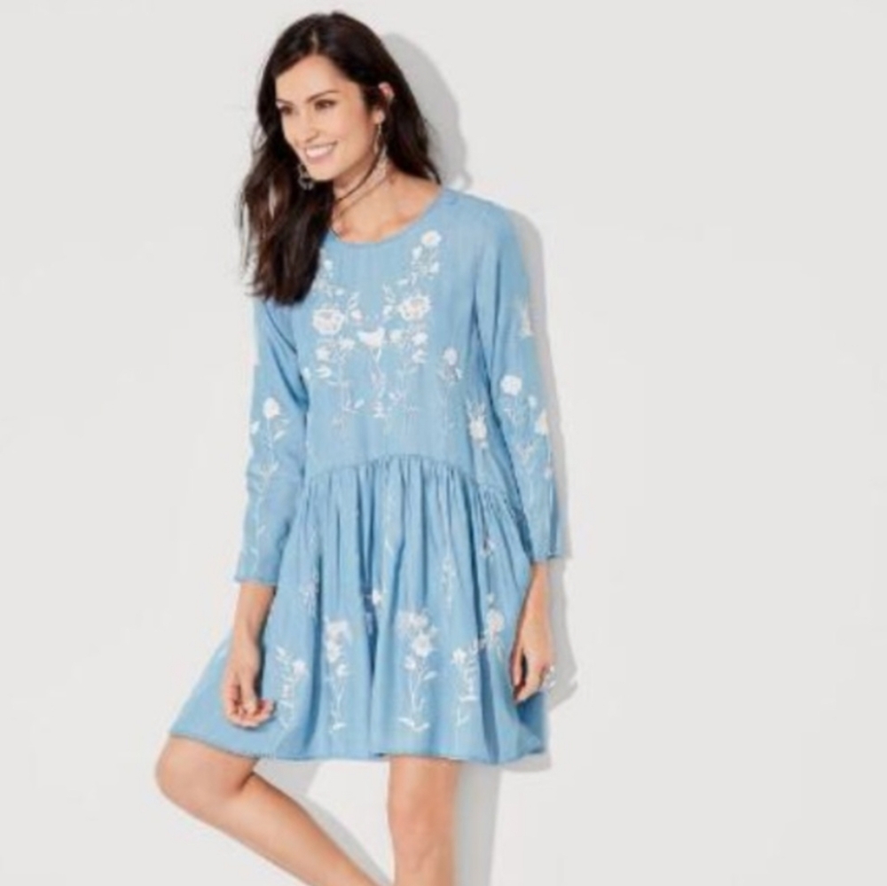 Philosophy Tencel Chambray Drop Waist Dress W/ Long Sleeves, Floral Embroidery - Picture 13 of 13